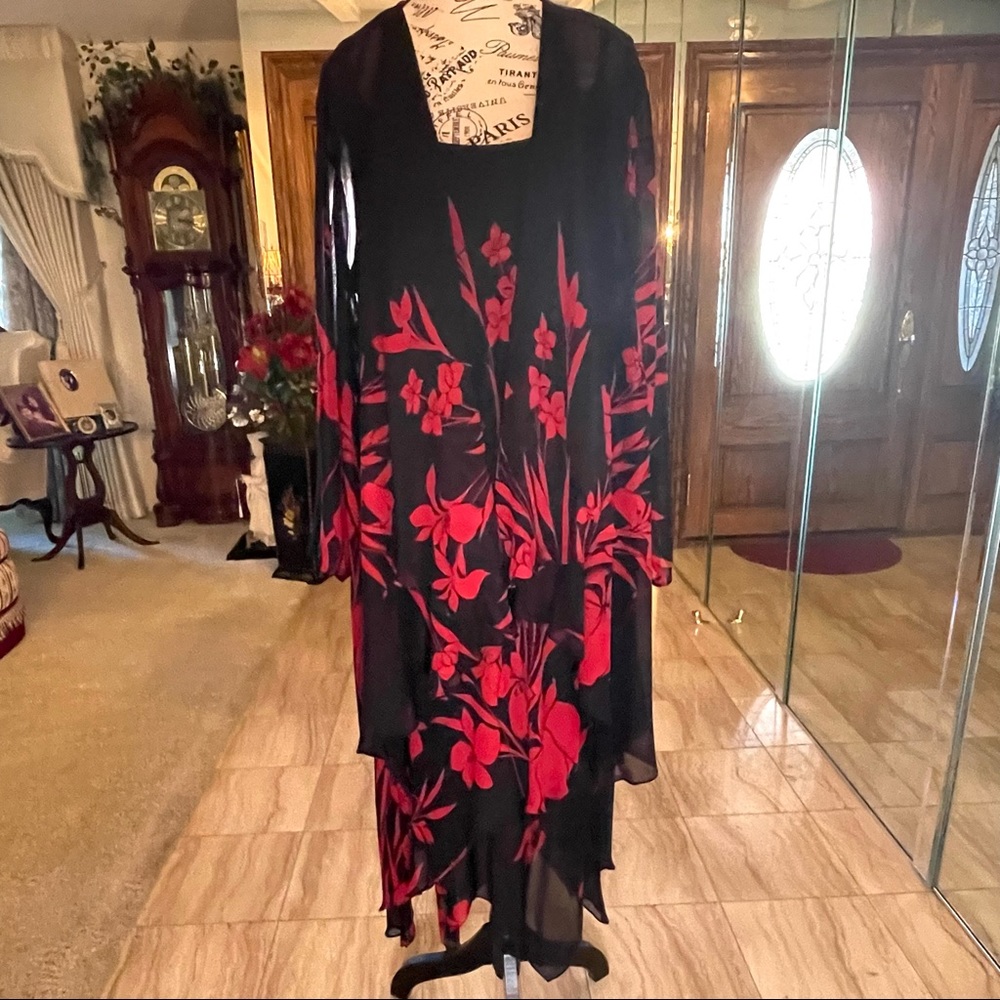 Asymmetrical Black and Red Floral Dress